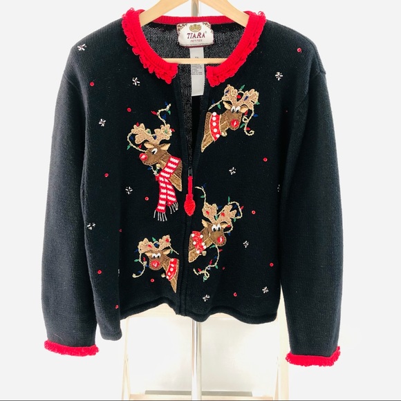 Tiara Christmas Holiday Cardigan Sweater Zips Up 2003 Reindeer Size XL Petite - Picture 2 of 12